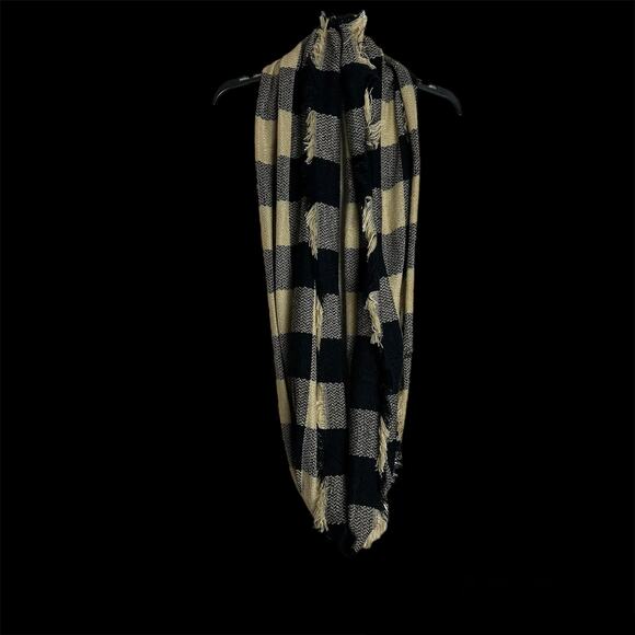 Plaid Black and Beige Tan Infinity Scarf Fringe Raw Hem - Picture 4 of 5